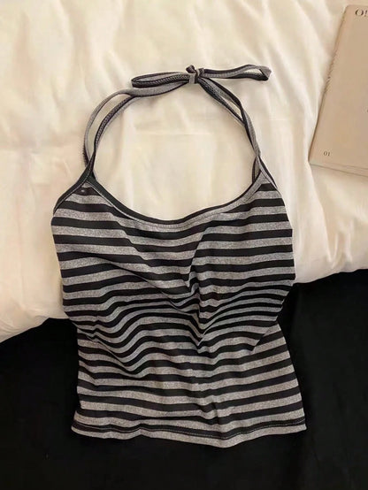 Resyla New Striped Tie Spaghetti Strap Crop Top And Shorts 2 Pieces Set, Casual Sexy Slim Fit