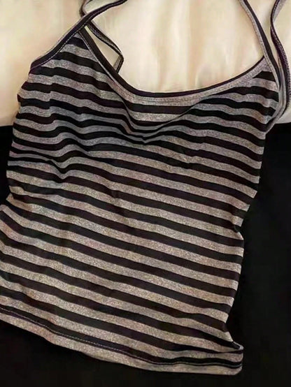Resyla New Striped Tie Spaghetti Strap Crop Top And Shorts 2 Pieces Set, Casual Sexy Slim Fit