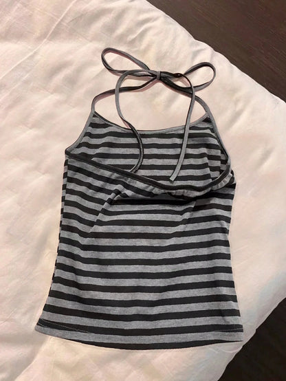 Resyla New Striped Tie Spaghetti Strap Crop Top And Shorts 2 Pieces Set, Casual Sexy Slim Fit