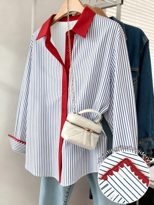 Resyla Plus Size Casual Commuter Striped Shirt Fall