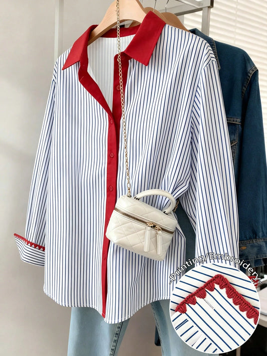 Resyla Plus Size Casual Commuter Striped Shirt Fall