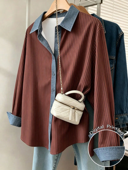 Resyla Plus Size Casual Commuter Striped Shirt Fall