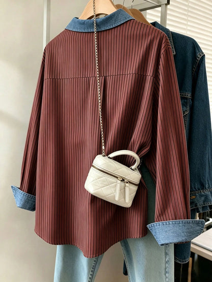 Resyla Plus Size Casual Commuter Striped Shirt Fall