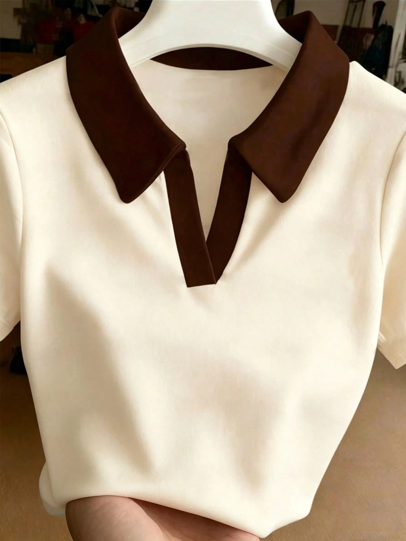 Resyla Plus Size Women's Colorblock Lapel Short Sleeve Casual Top