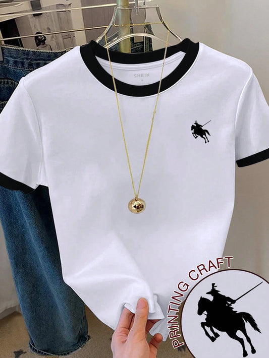 Resyla Women's Casual Contrast Trim Knight Print Round Neck Short Sleeve T-Shirt, Summer