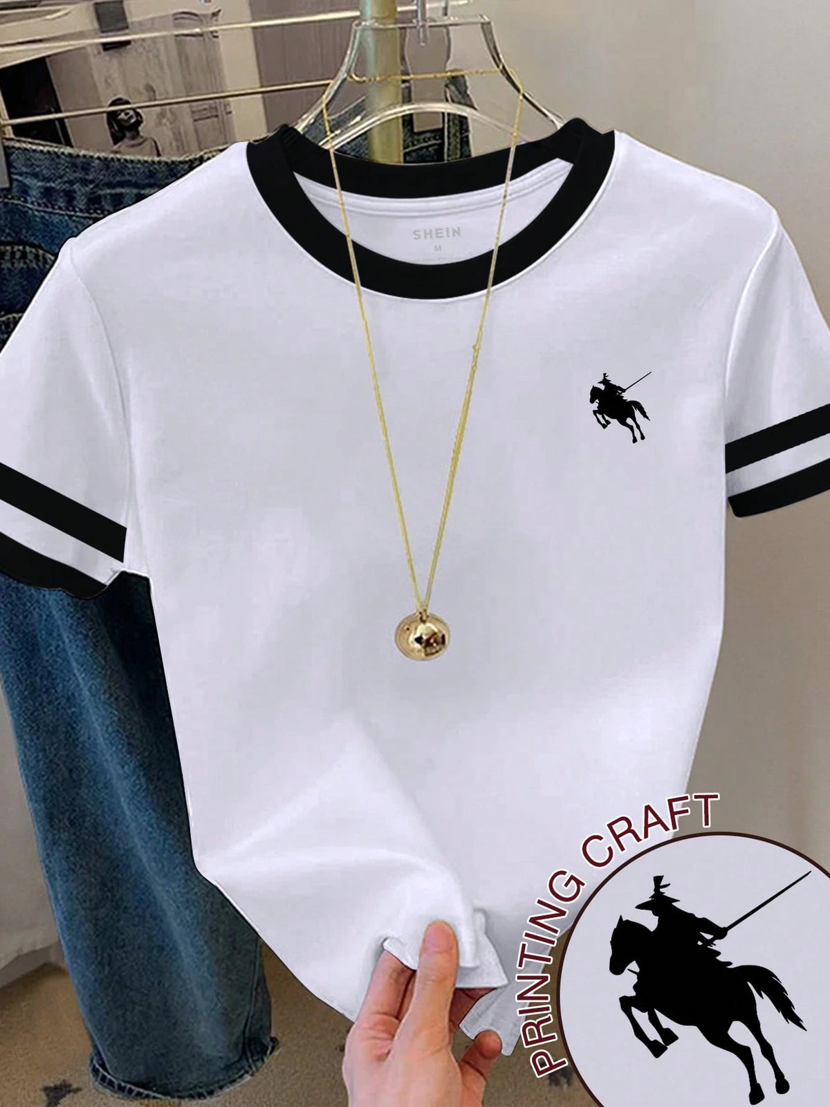 Resyla Women's Casual Contrast Trim Knight Print Round Neck Short Sleeve T-Shirt, Summer