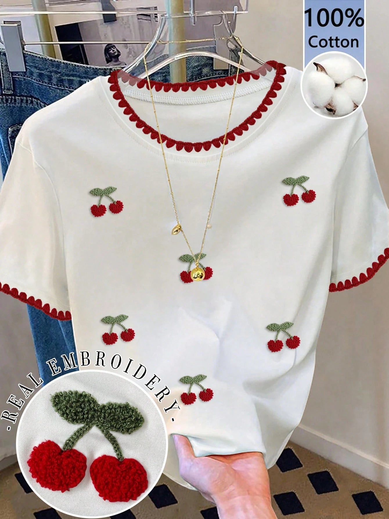 Resyla Women's Cherry Pattern Embroidered Shell Embroidery Contrast Color Short Sleeve T-Shirt