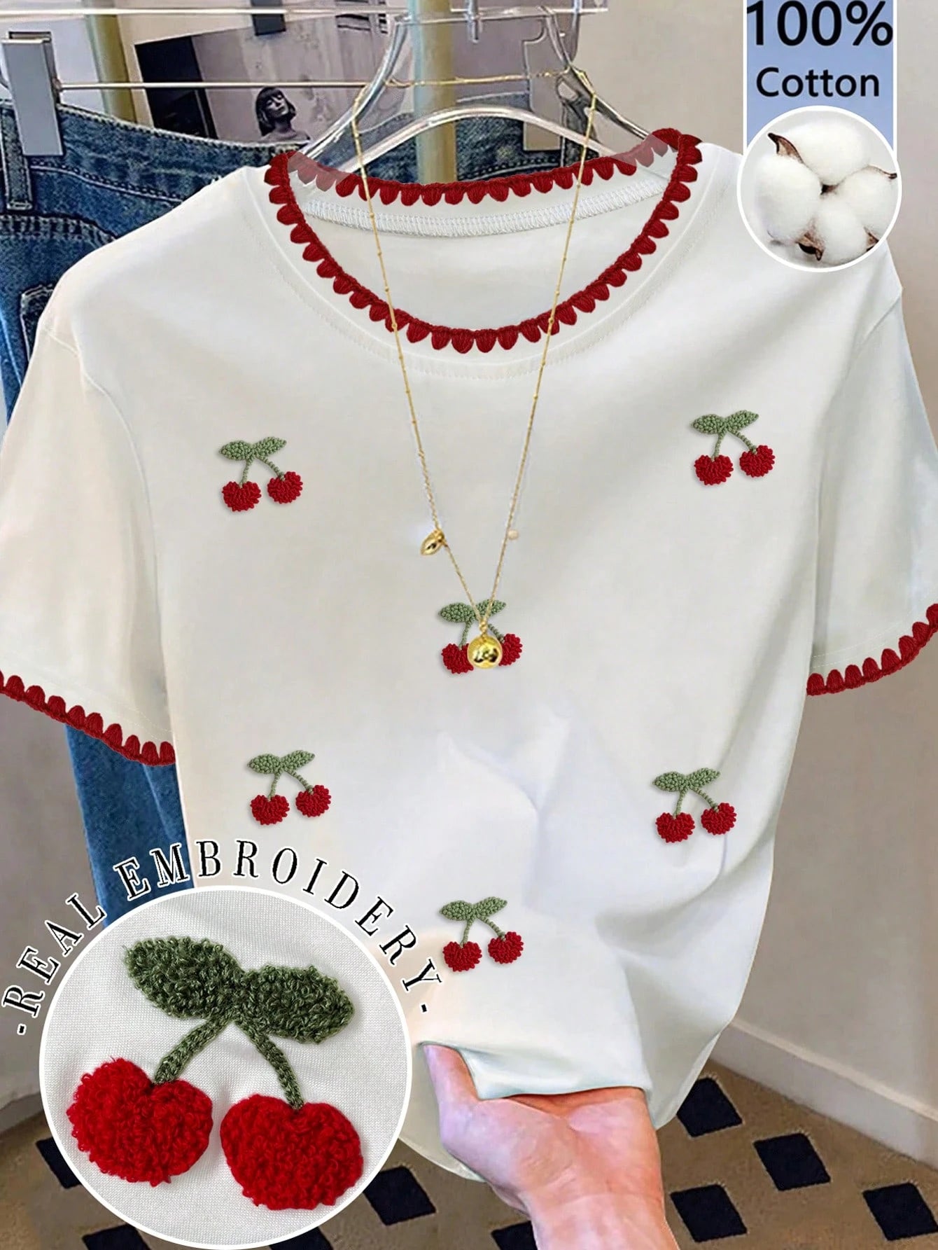 Resyla Women's Cherry Pattern Embroidered Shell Embroidery Contrast Color Short Sleeve T-Shirt