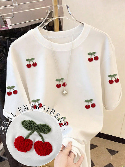 Resyla Women's Cherry Pattern Embroidered Shell Embroidery Contrast Color Short Sleeve T-Shirt
