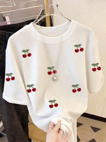 Resyla Women's Cherry Pattern Embroidered Shell Embroidery Contrast Color Short Sleeve T-Shirt