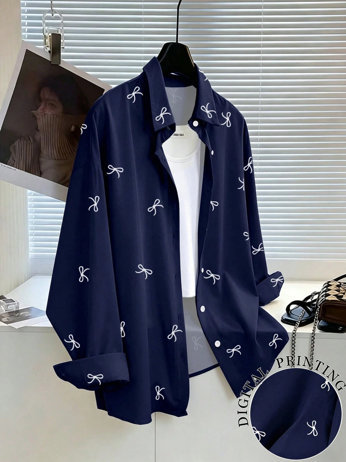 Resyla Women's Loose Casual Everyday Bow Print Button Down Long Sleeve Shirt