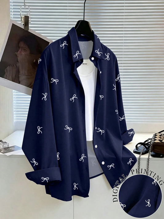 Resyla Women's Loose Casual Everyday Bow Print Button Down Long Sleeve Shirt