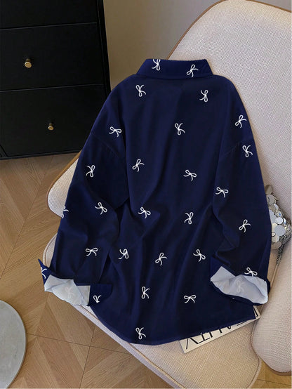 Resyla Women's Loose Casual Everyday Bow Print Button Down Long Sleeve Shirt