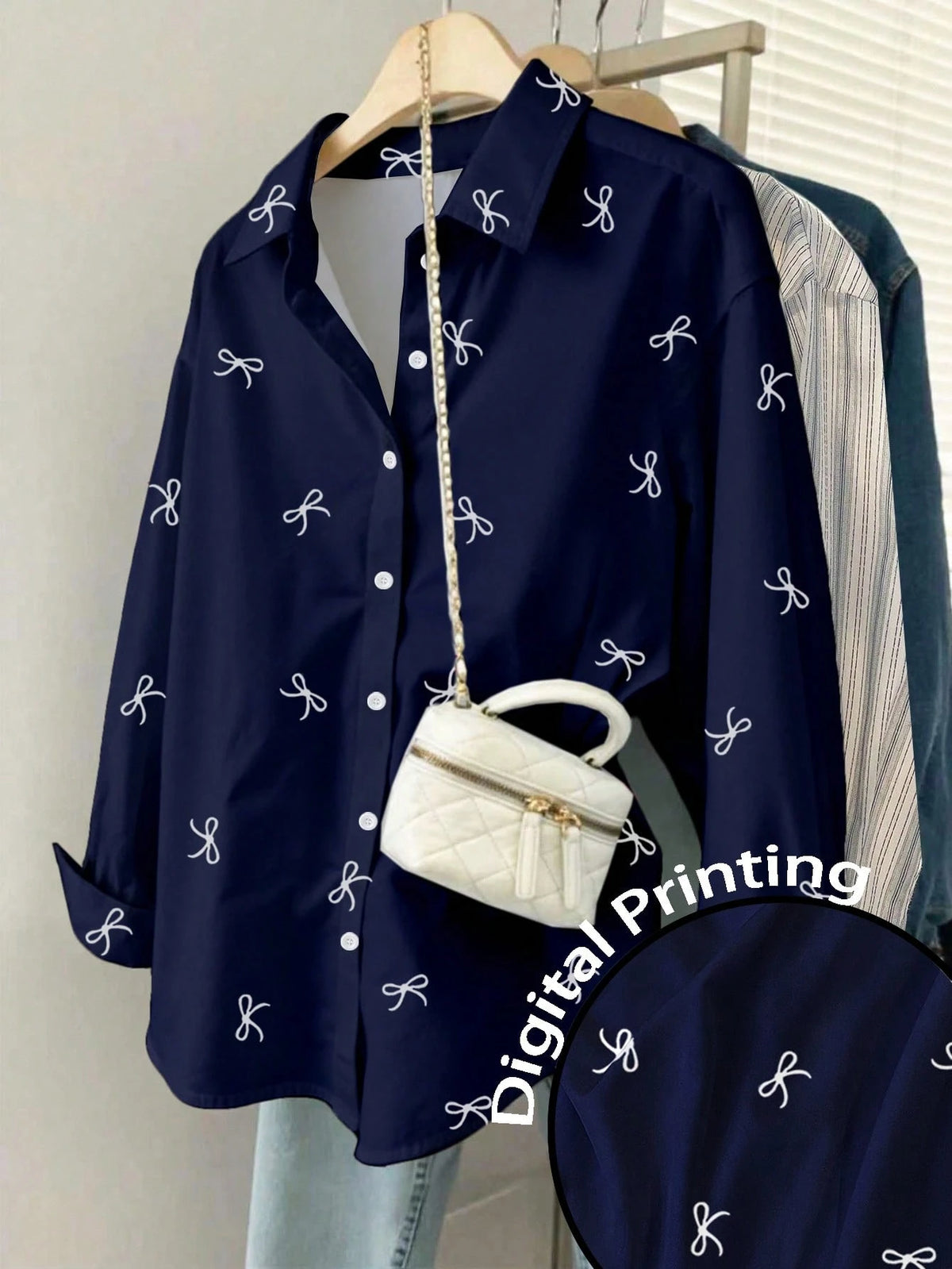 Resyla Women's Loose Casual Everyday Bow Print Button Down Long Sleeve Shirt