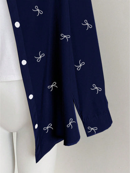 Resyla Women's Loose Casual Everyday Bow Print Button Down Long Sleeve Shirt