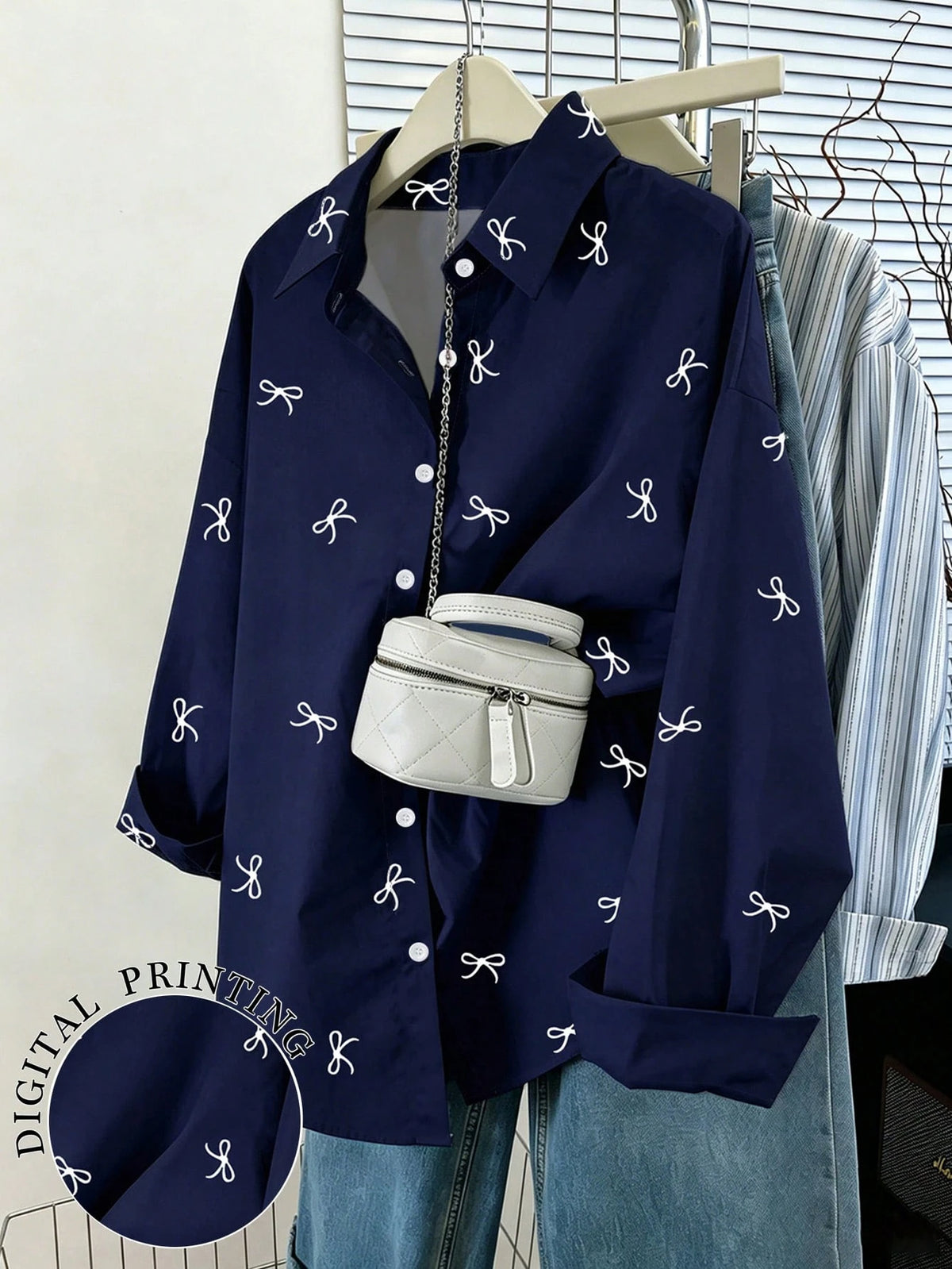 Resyla Women's Loose Casual Everyday Bow Print Button Down Long Sleeve Shirt