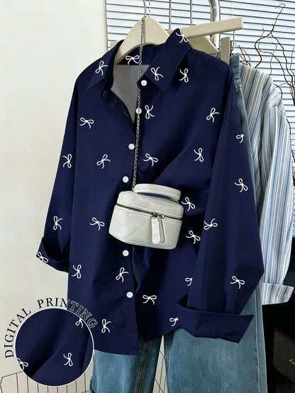 Resyla Women's Loose Casual Everyday Bow Print Button Down Long Sleeve Shirt