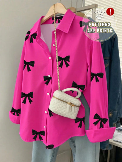 Resyla Women's Loose Casual Everyday Bow Print Button Down Long Sleeve Shirt