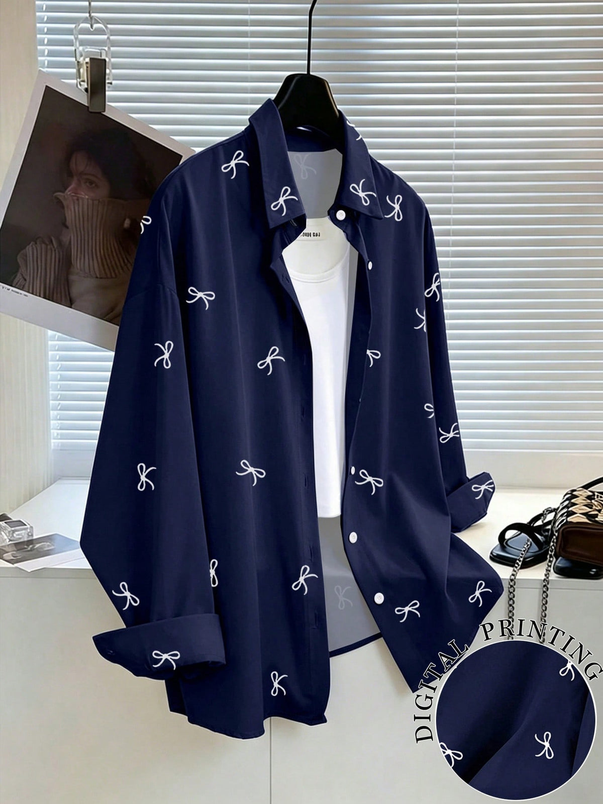 Resyla Women's Loose Casual Everyday Bow Print Button Down Long Sleeve Shirt