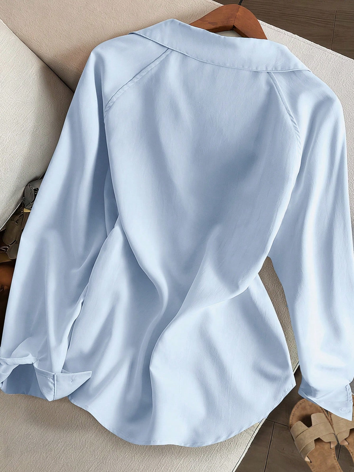 Resyla Women's Solid Color Casual Loose Fit V-Neck Long Sleeve Shirt With Embroidered Knight Design