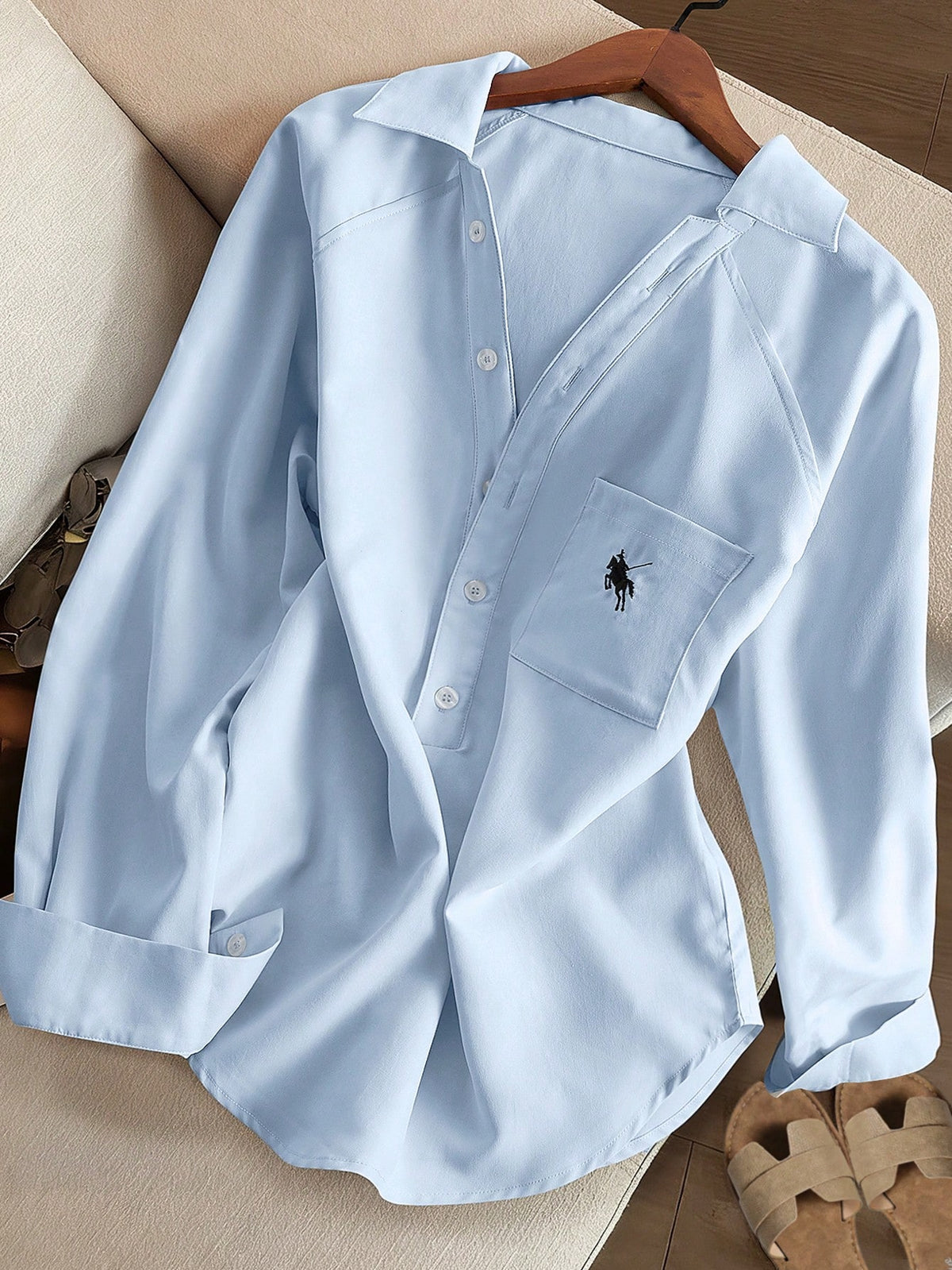 Resyla Women's Solid Color Casual Loose Fit V-Neck Long Sleeve Shirt With Embroidered Knight Design