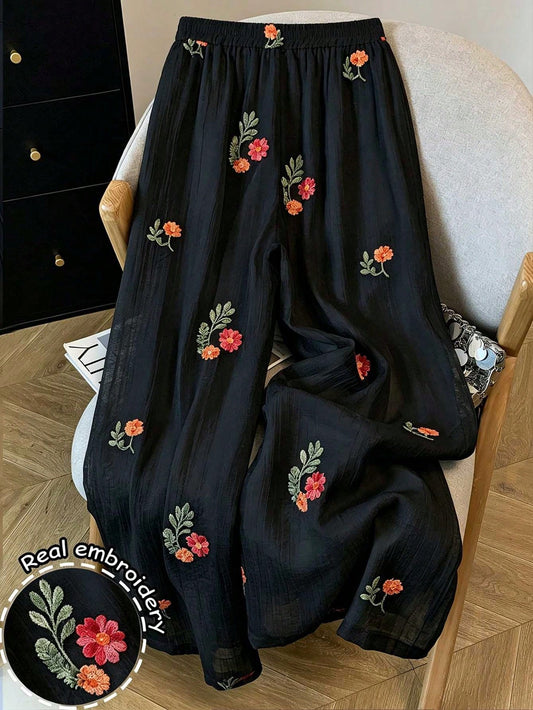 Resyla Women's Vacation Casual Floral Embroidered Long Pants
