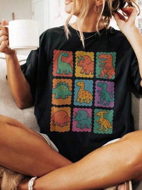 Retro Dino Grid Graphic Tee: Dinosaur Shirt2026,Summer Tops For Women, Retro Dino Grid Motif Graphic Oversized Casual T‑Shirt, Coquette Cottagecore