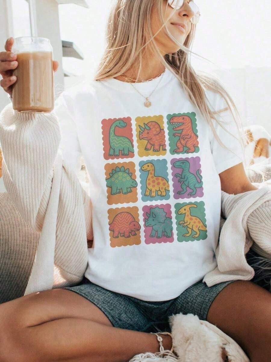 Retro Dino Grid Graphic Tee: Dinosaur Shirt2026,Summer Tops For Women, Retro Dino Grid Motif Graphic Oversized Casual T‑Shirt, Coquette Cottagecore