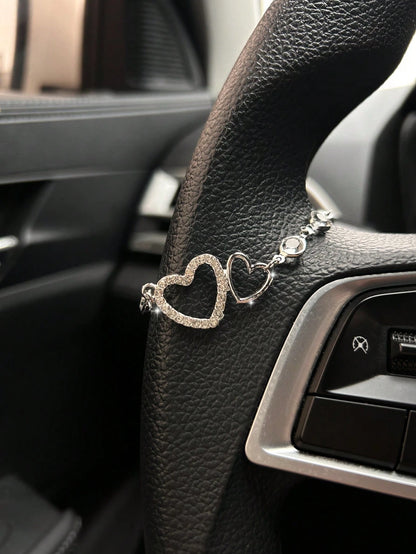 Rhinestone Heart Shaped Car Pendant, Steering Wheel Decor, Shiny Crystal Heart Charm, Minimalist & Fashionable Car Accessories For Women