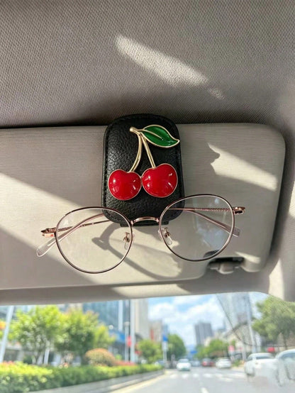 Rhinestone Strawberry Red Apple Leather Car Visor Glasses Clip, Universal Car Sun Visor Fashion Glasses Parking Ticket Multi-Function Storage Holder
