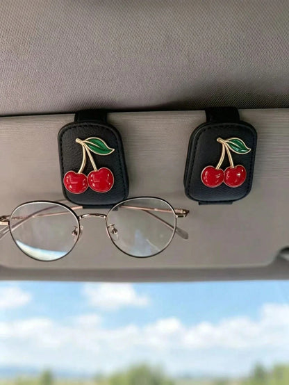 Rhinestone Strawberry Red Apple Leather Car Visor Glasses Clip, Universal Car Sun Visor Fashion Glasses Parking Ticket Multi-Function Storage Holder