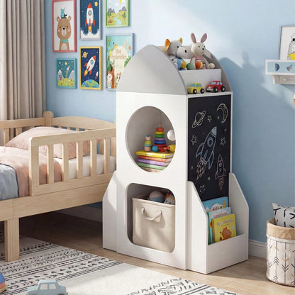 Rocket Space Theme Toddler Toy Storage Organizer With Chalkboard And 2 Cubbies