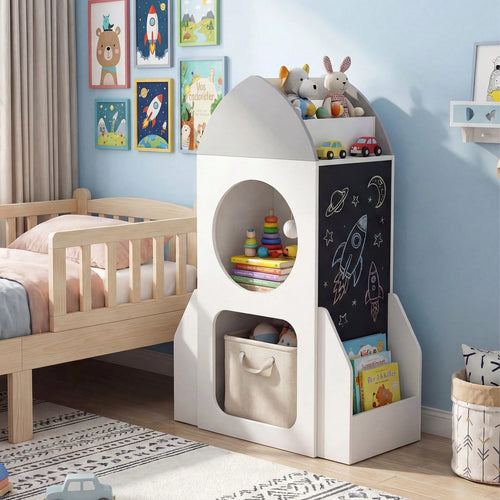 Rocket Space Theme Toddler Toy Storage Organizer With Chalkboard And 2 Cubbies