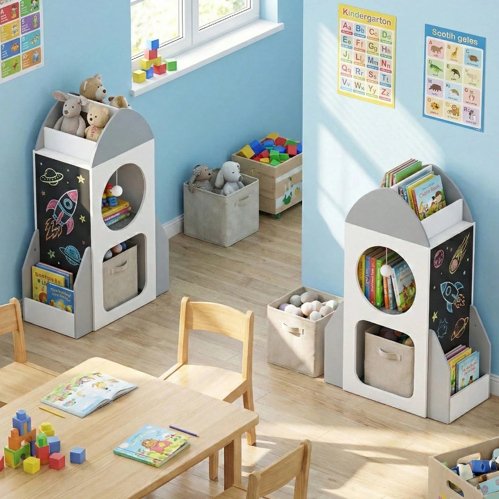 Rocket Space Theme Toddler Toy Storage Organizer With Chalkboard And 2 Cubbies