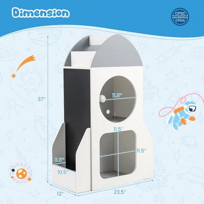 Rocket Space Theme Toddler Toy Storage Organizer With Chalkboard And 2 Cubbies