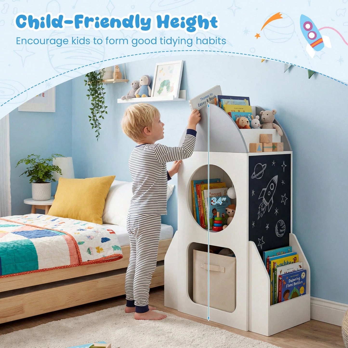 Rocket Space Theme Toddler Toy Storage Organizer With Chalkboard And 2 Cubbies