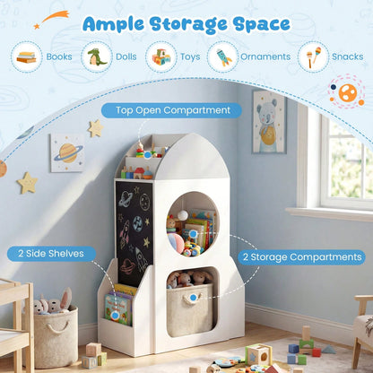 Rocket Space Theme Toddler Toy Storage Organizer With Chalkboard And 2 Cubbies