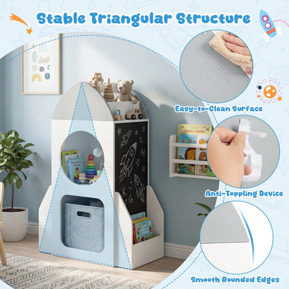 Rocket Space Theme Toddler Toy Storage Organizer With Chalkboard And 2 Cubbies