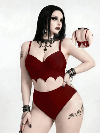 ROMWE 2026 New Gothic Goth Punk Women's Bat Wave Edge Design One-Piece Swimsuit Set Beach Summer