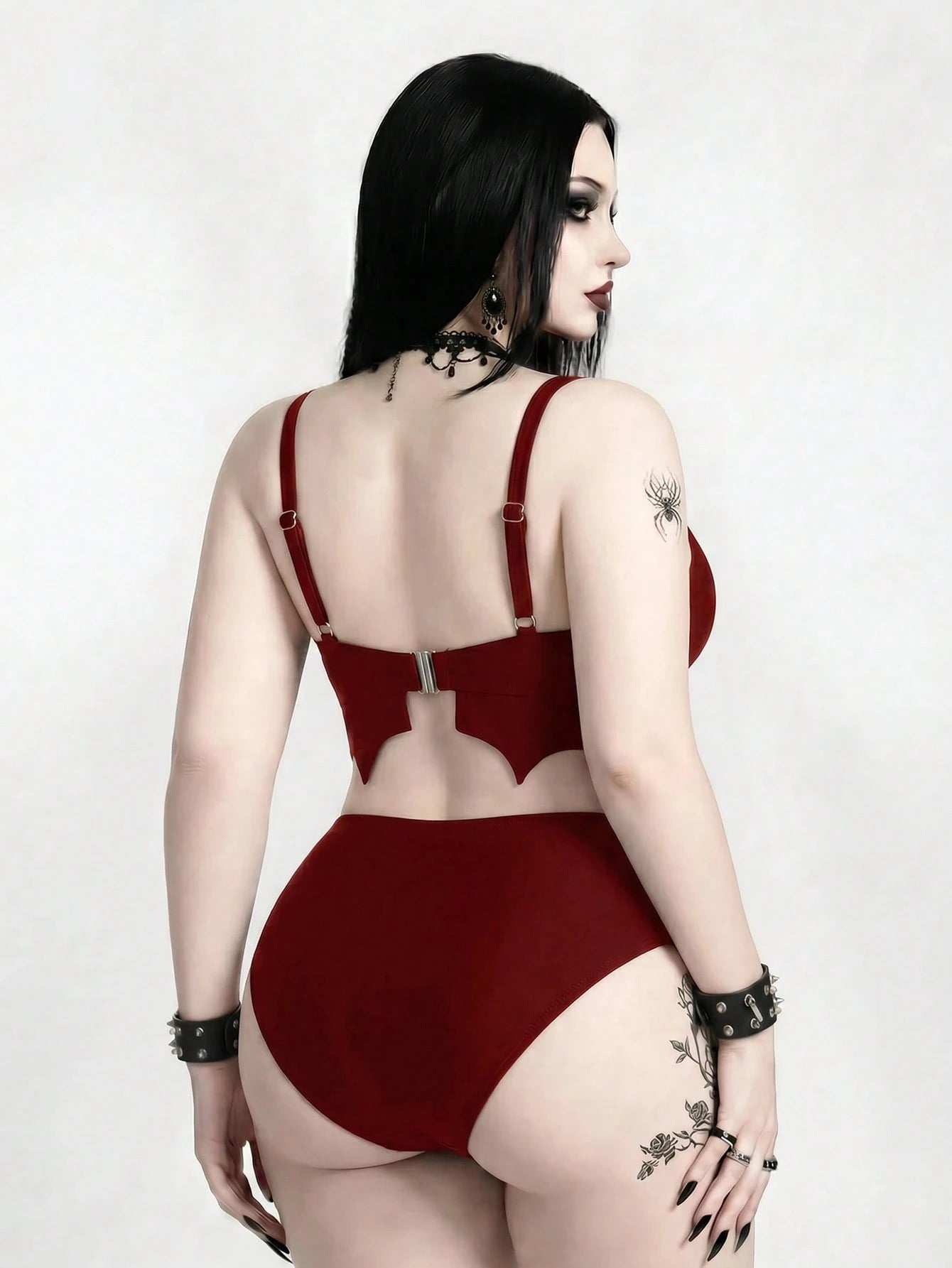 ROMWE 2026 New Gothic Goth Punk Women's Bat Wave Edge Design One-Piece Swimsuit Set Beach Summer
