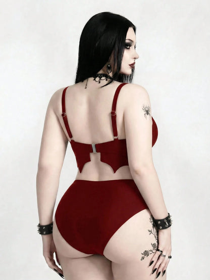 ROMWE 2026 New Gothic Goth Punk Women's Bat Wave Edge Design One-Piece Swimsuit Set Beach Summer