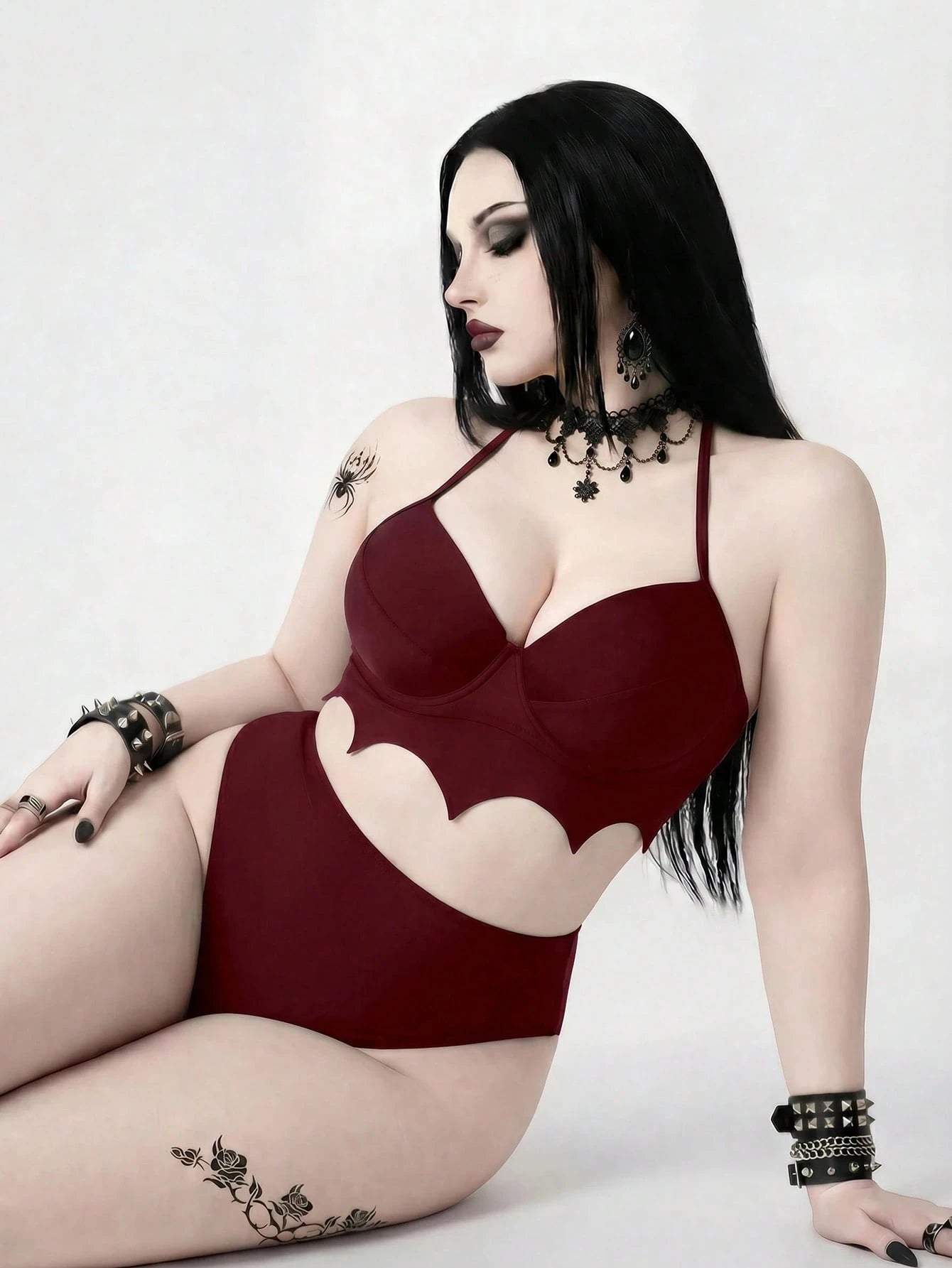 ROMWE 2026 New Gothic Goth Punk Women's Bat Wave Edge Design One-Piece Swimsuit Set Beach Summer