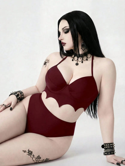 ROMWE 2026 New Gothic Goth Punk Women's Bat Wave Edge Design One-Piece Swimsuit Set Beach Summer