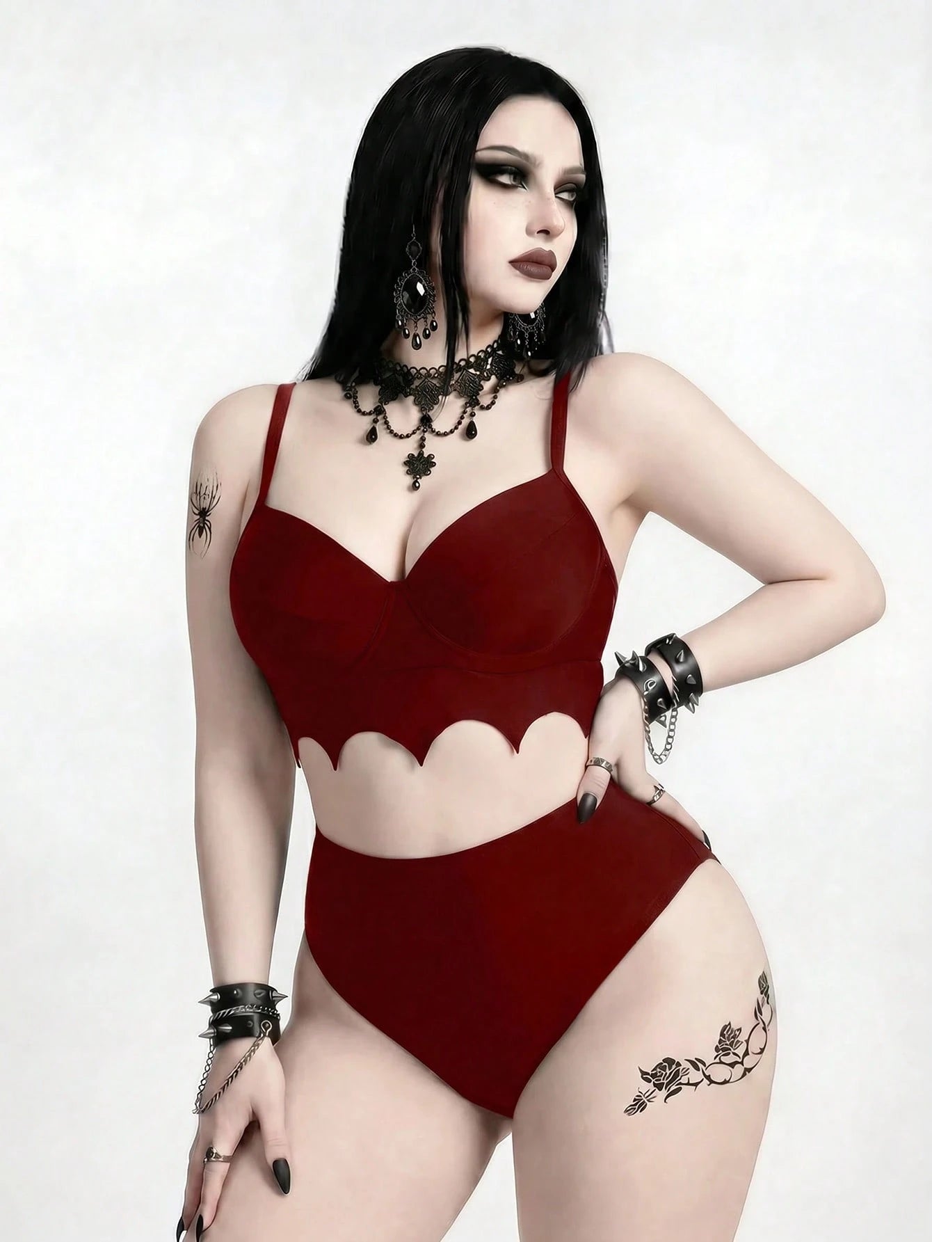 ROMWE 2026 New Gothic Goth Punk Women's Bat Wave Edge Design One-Piece Swimsuit Set Beach Summer