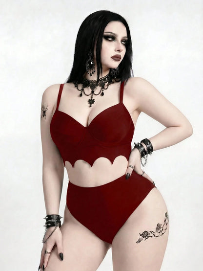 ROMWE 2026 New Gothic Goth Punk Women's Bat Wave Edge Design One-Piece Swimsuit Set Beach Summer