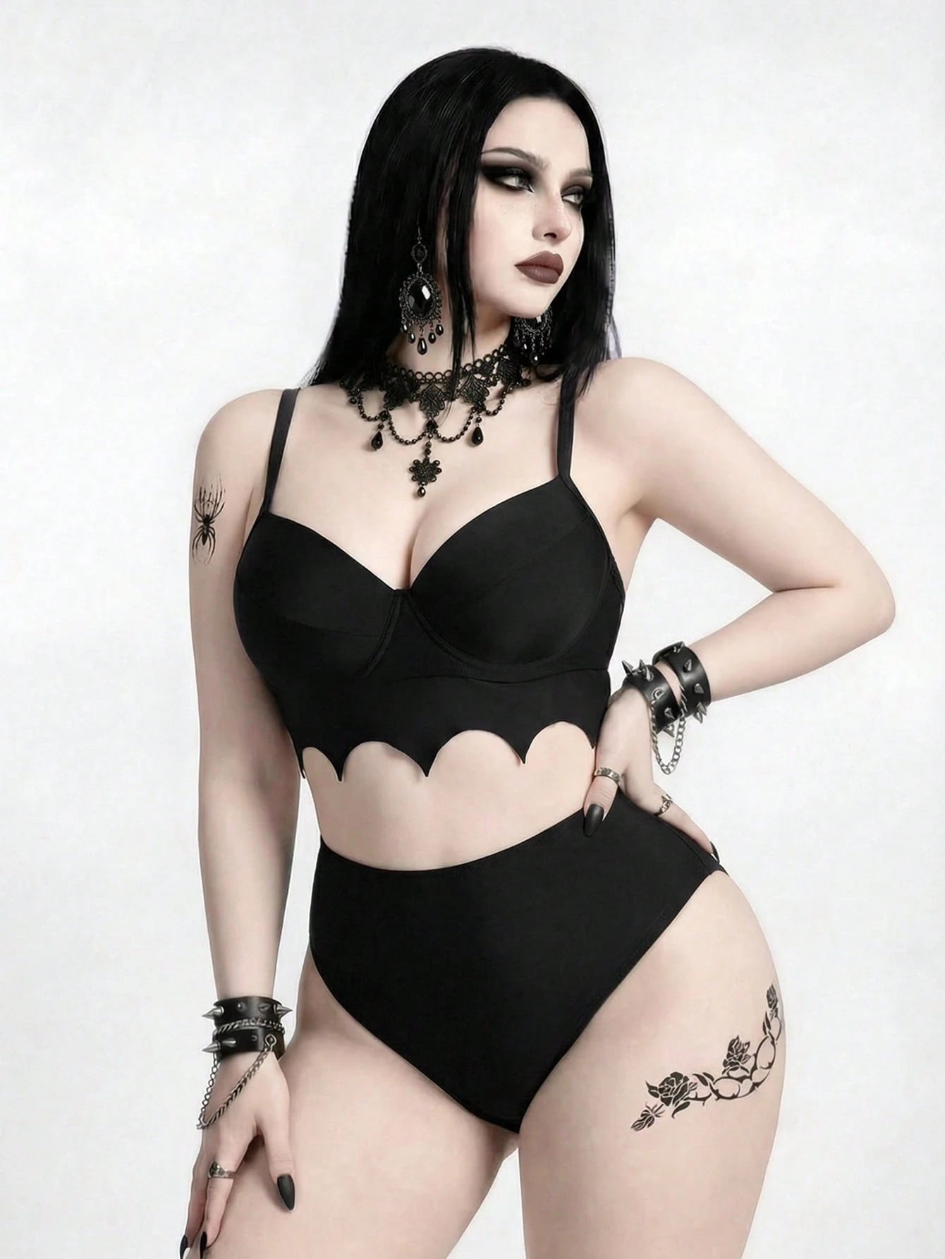ROMWE 2026 New Gothic Goth Punk Women's Bat Wave Edge Design One-Piece Swimsuit Set Beach Summer
