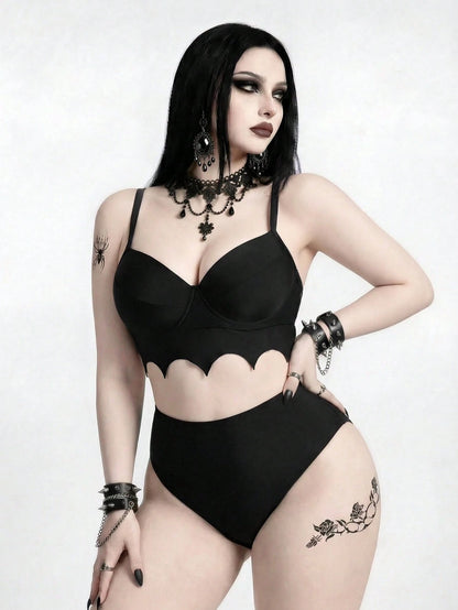 ROMWE 2026 New Gothic Goth Punk Women's Bat Wave Edge Design One-Piece Swimsuit Set Beach Summer