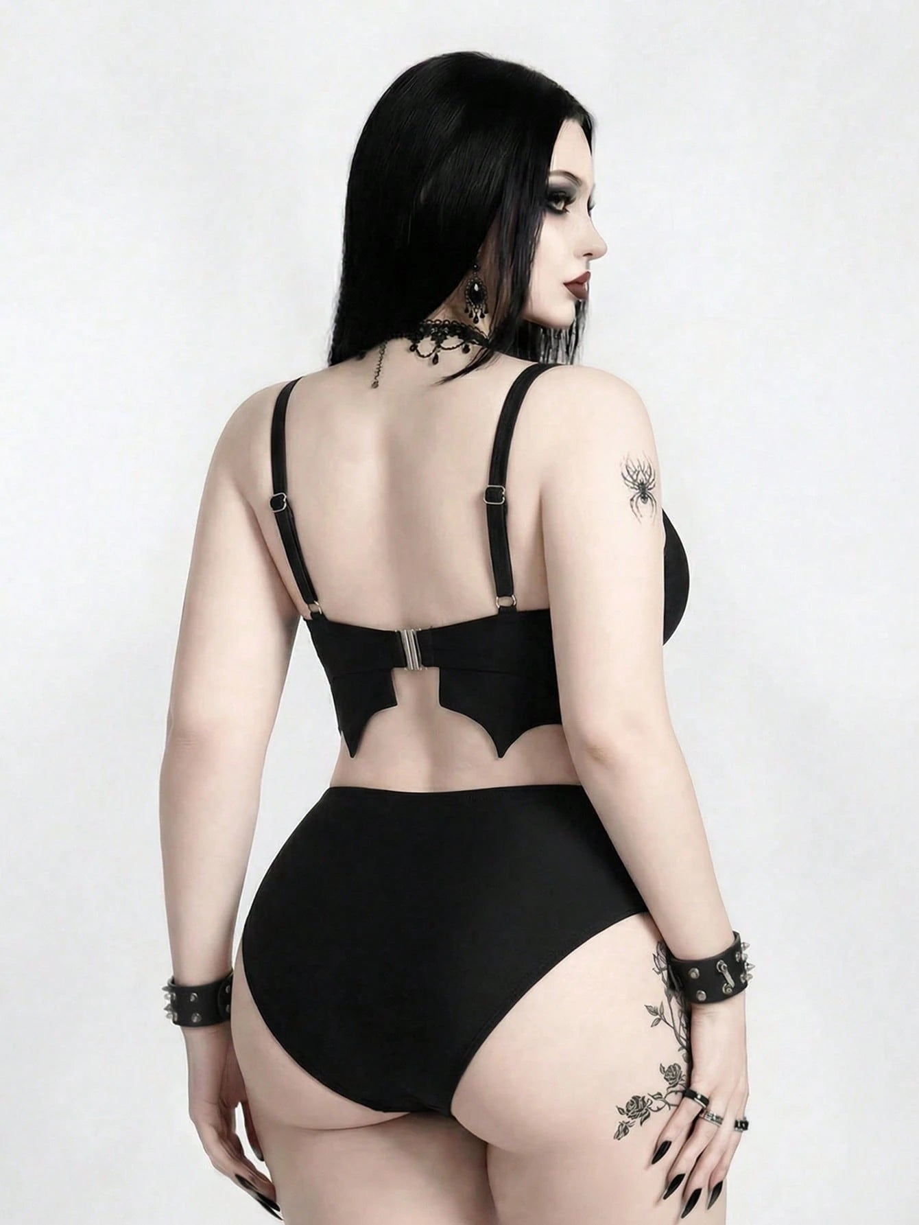 ROMWE 2026 New Gothic Goth Punk Women's Bat Wave Edge Design One-Piece Swimsuit Set Beach Summer
