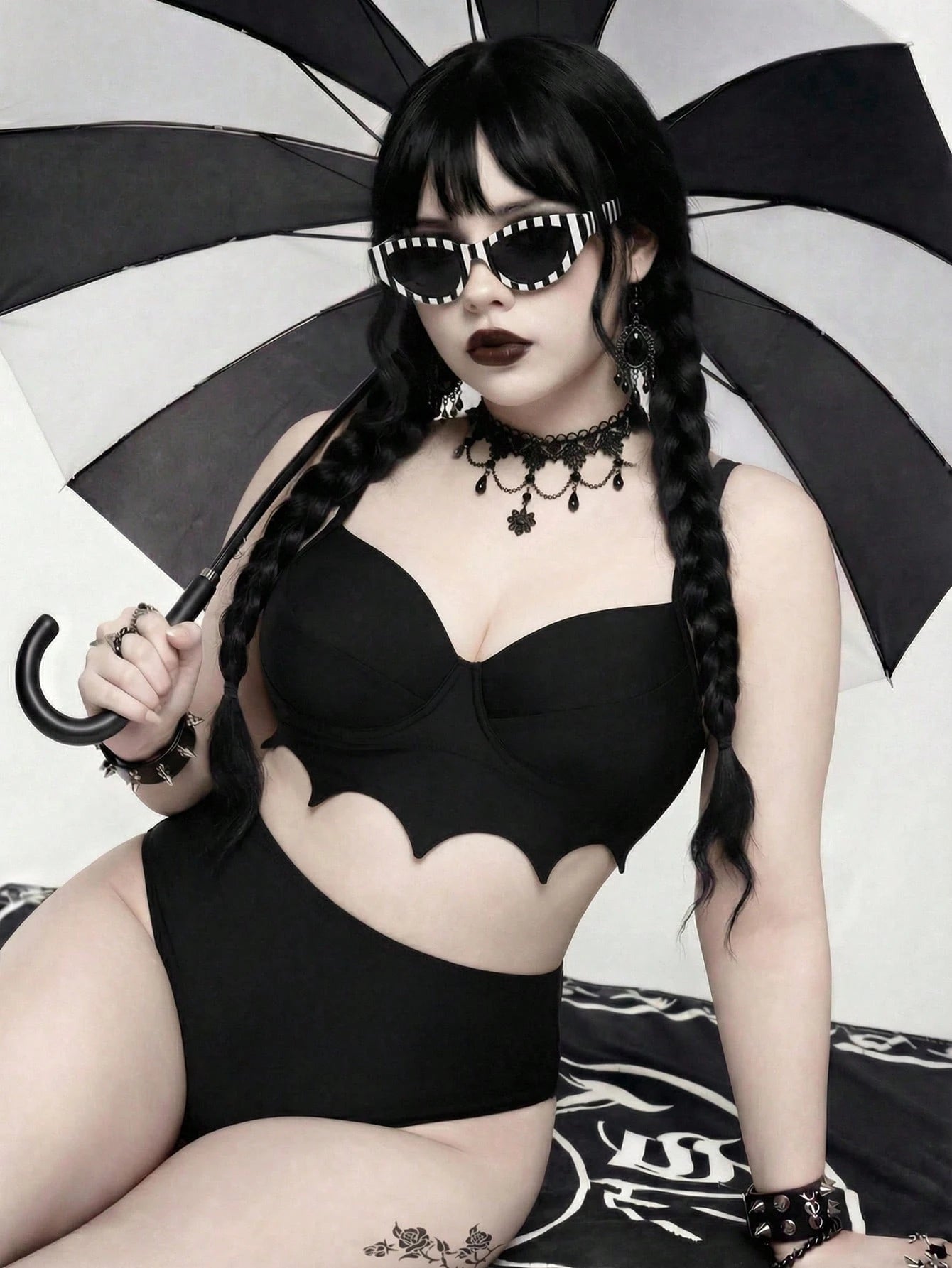 ROMWE 2026 New Gothic Goth Punk Women's Bat Wave Edge Design One-Piece Swimsuit Set Beach Summer