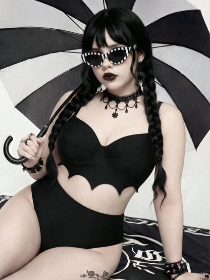 ROMWE 2026 New Gothic Goth Punk Women's Bat Wave Edge Design One-Piece Swimsuit Set Beach Summer